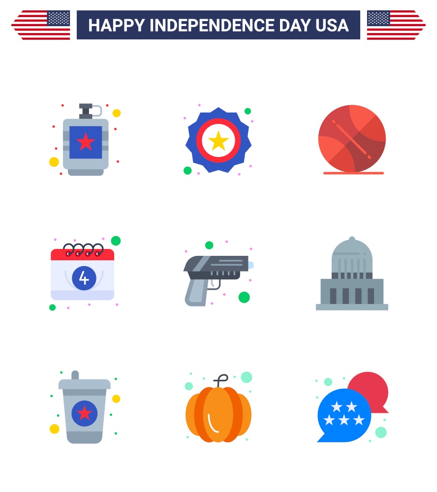 Flat Pack of 9 USA Independence Day Symbols of gun; date; flag; calendar; usa Editable USA Day Vector Design Elements