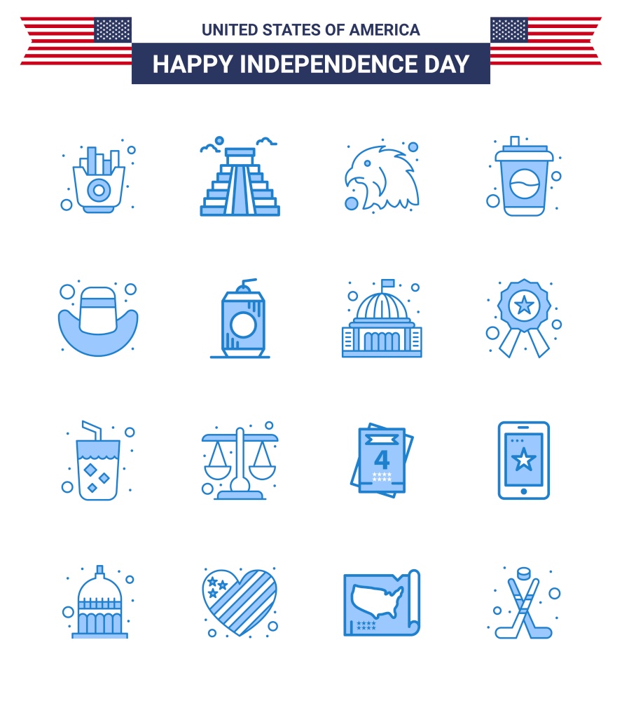 Happy Independence Day USA Pack of 16 Creative Blues of hat; american; animal; soda; cola Editable USA Day Vector Design Elements