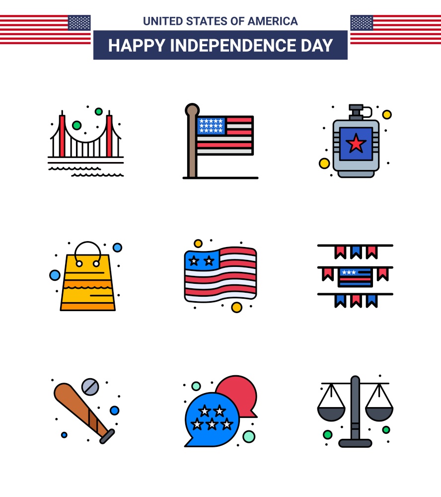 9 USA Flat Filled Line Pack of Independence Day Signs and Symbols of shop; money; usa; bag; hip Editable USA Day Vector Design Elements