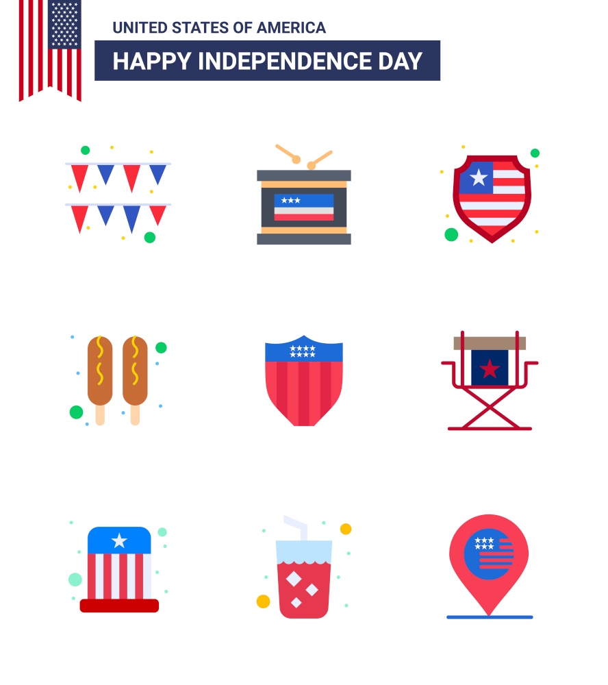 9 Creative USA Icons Modern Independence Signs and 4th July Symbols of chair; seurity; protection; shield; food Editable USA Day Vector Design Elements