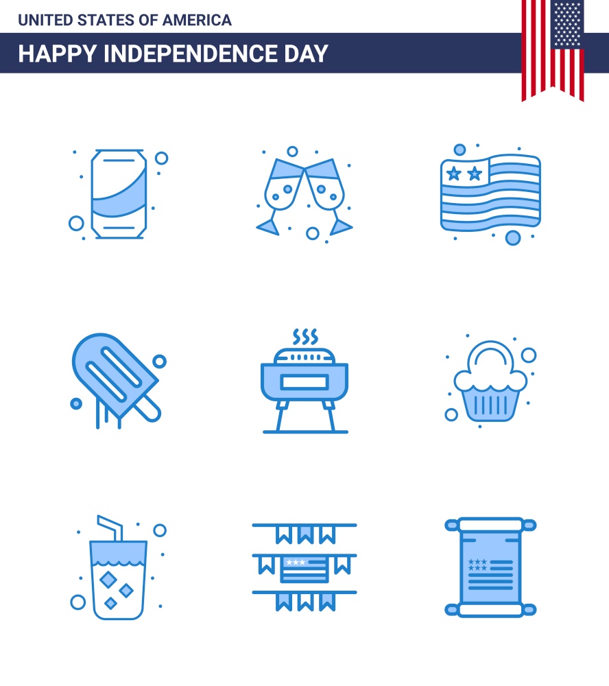 USA Happy Independence DayPictogram Set of 9 Simple Blues of holiday; celebration; flag; barbeque; american Editable USA Day Vector Design Elements