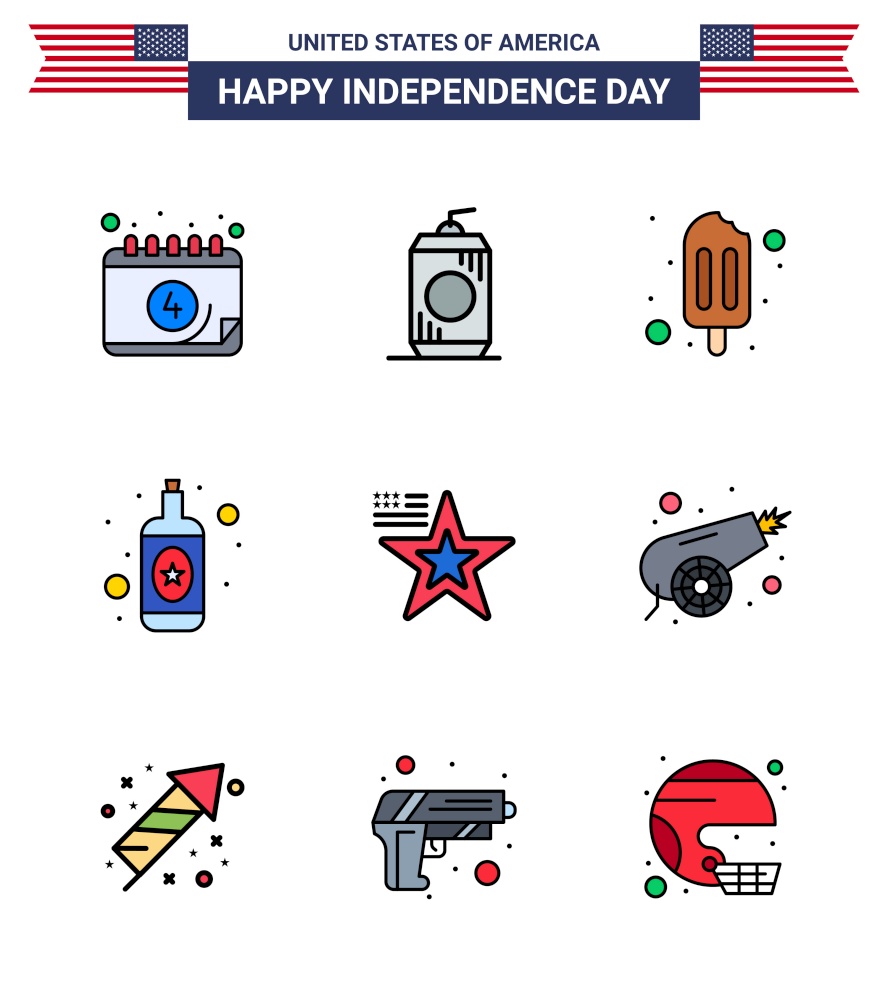 9 USA Flat Filled Line Signs Independence Day Celebration Symbols of usa; american; ice cream; star; bottle Editable USA Day Vector Design Elements