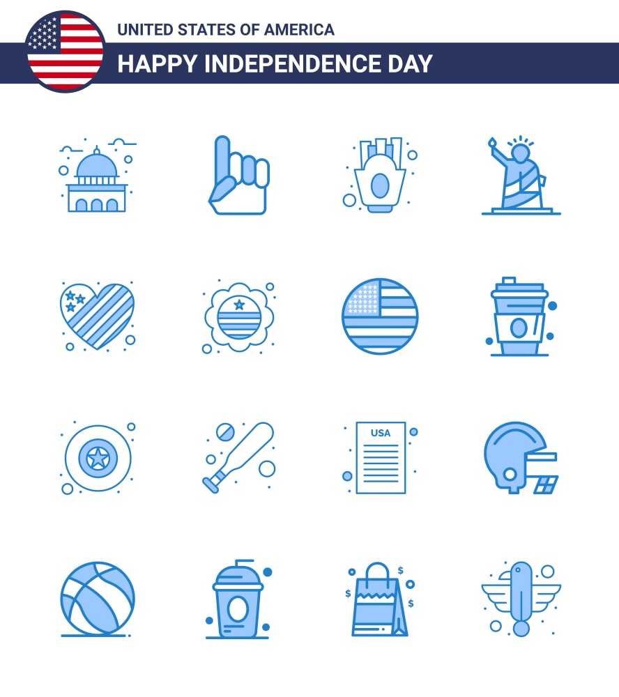 Set of 16 Vector Blues on 4th July USA Independence Day such as usa; of; american; liberty; food Editable USA Day Vector Design Elements