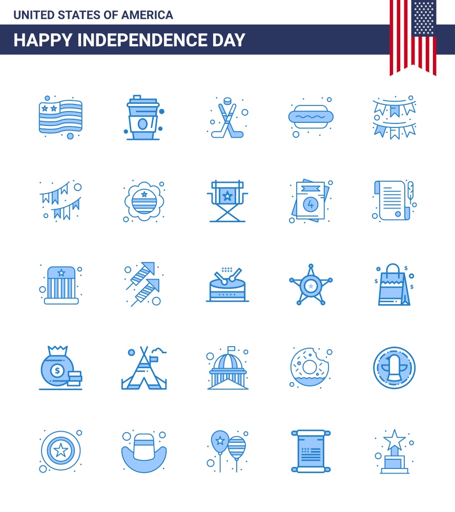 25 USA Blue Pack of Independence Day Signs and Symbols of decoration; american; hokey; hot i; dog Editable USA Day Vector Design Elements