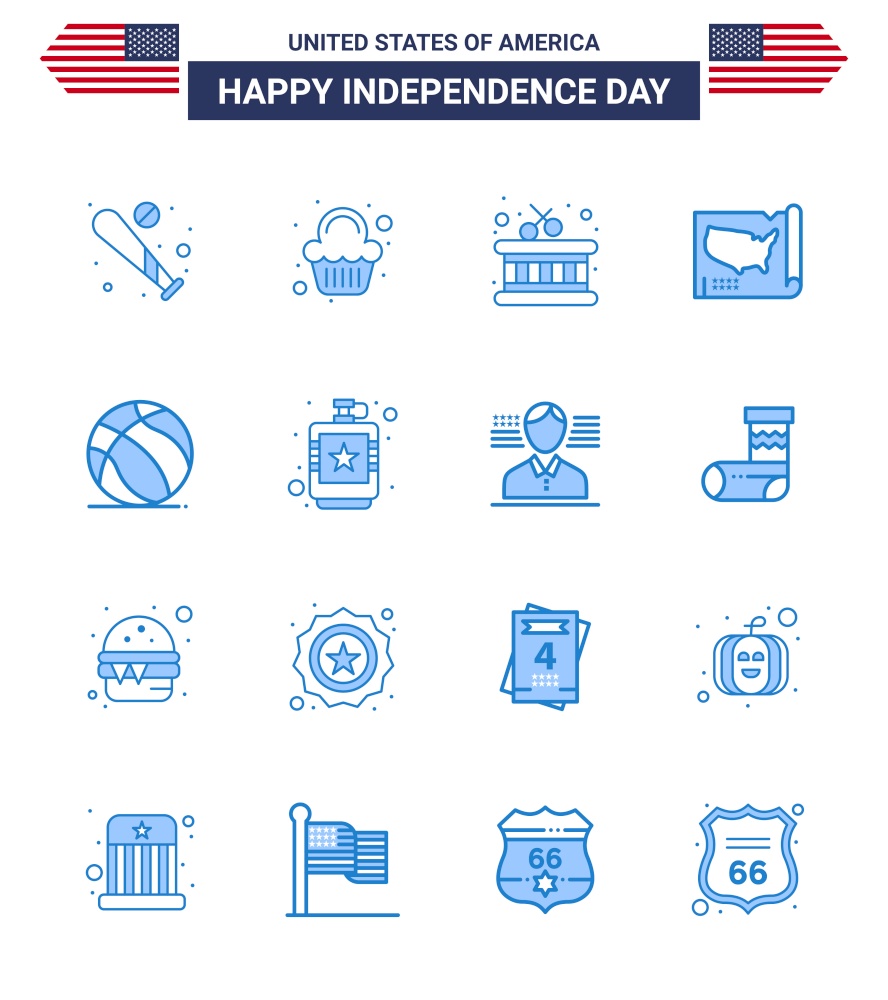USA Independence Day Blue Set of 16 USA Pictograms of ball; usa; celebration; united; map Editable USA Day Vector Design Elements