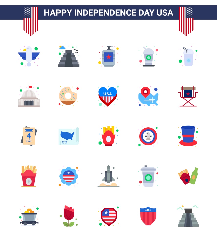 USA Independence Day Flat Set of 25 USA Pictograms of soda; cola; usa; bottle; hip Editable USA Day Vector Design Elements