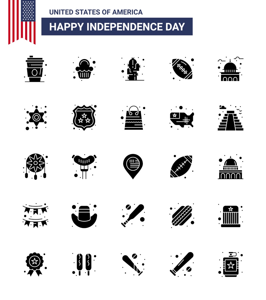 Set of 25 Modern Solid Glyph pack on USA Independence Day house; american ball; cactus; sports; ball Editable USA Day Vector Design Elements