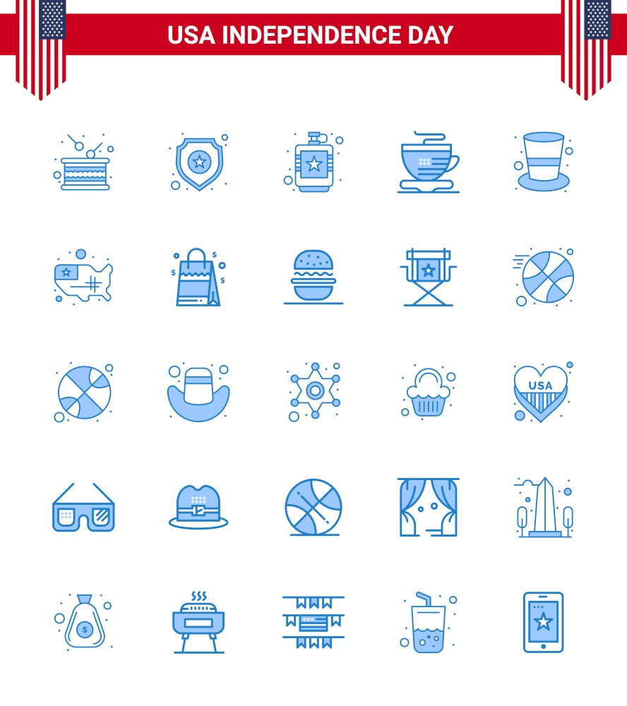 Pack of 25 USA Independence Day Celebration Blues Signs and 4th July Symbols such as american; cup; sign; tea; hip Editable USA Day Vector Design Elements
