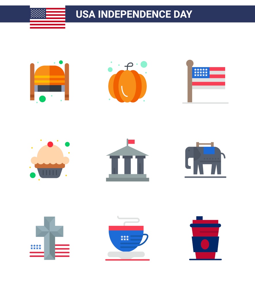 Pack of 9 creative USA Independence Day related Flats of american; bank; flag; muffin; cake Editable USA Day Vector Design Elements