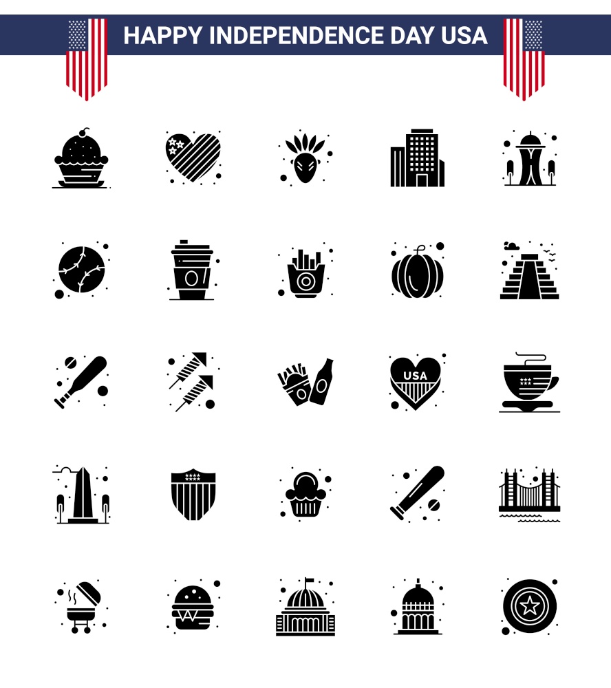 Modern Set of 25 Solid Glyph and symbols on USA Independence Day such as needle; building; love; american; building Editable USA Day Vector Design Elements