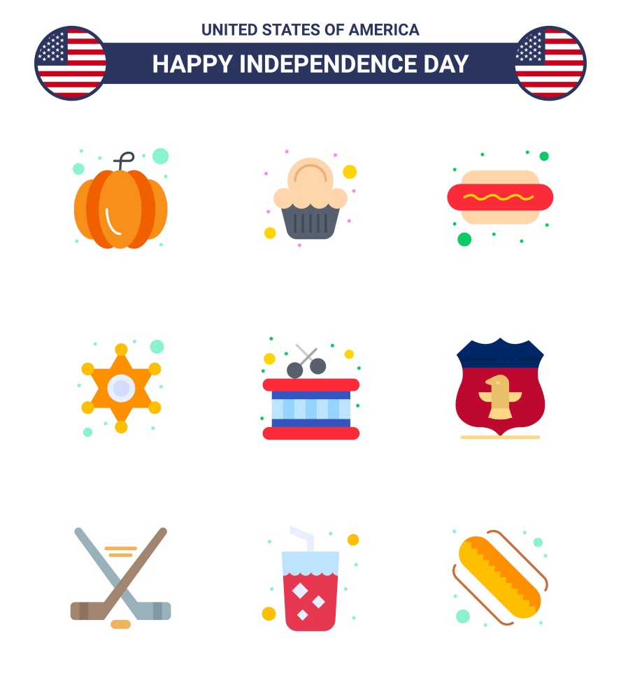 Happy Independence Day Pack of 9 Flats Signs and Symbols for sticks; drum; dog; police sign; police Editable USA Day Vector Design Elements