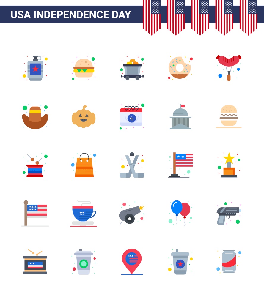 Happy Independence Day 4th July Set of 25 Flats American Pictograph of sausage; food; cart; food; round Editable USA Day Vector Design Elements