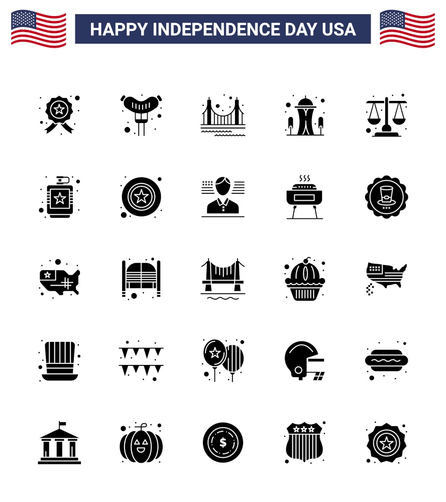 Solid Glyph Pack of 25 USA Independence Day Symbols of justice; space; gate; needle; building Editable USA Day Vector Design Elements