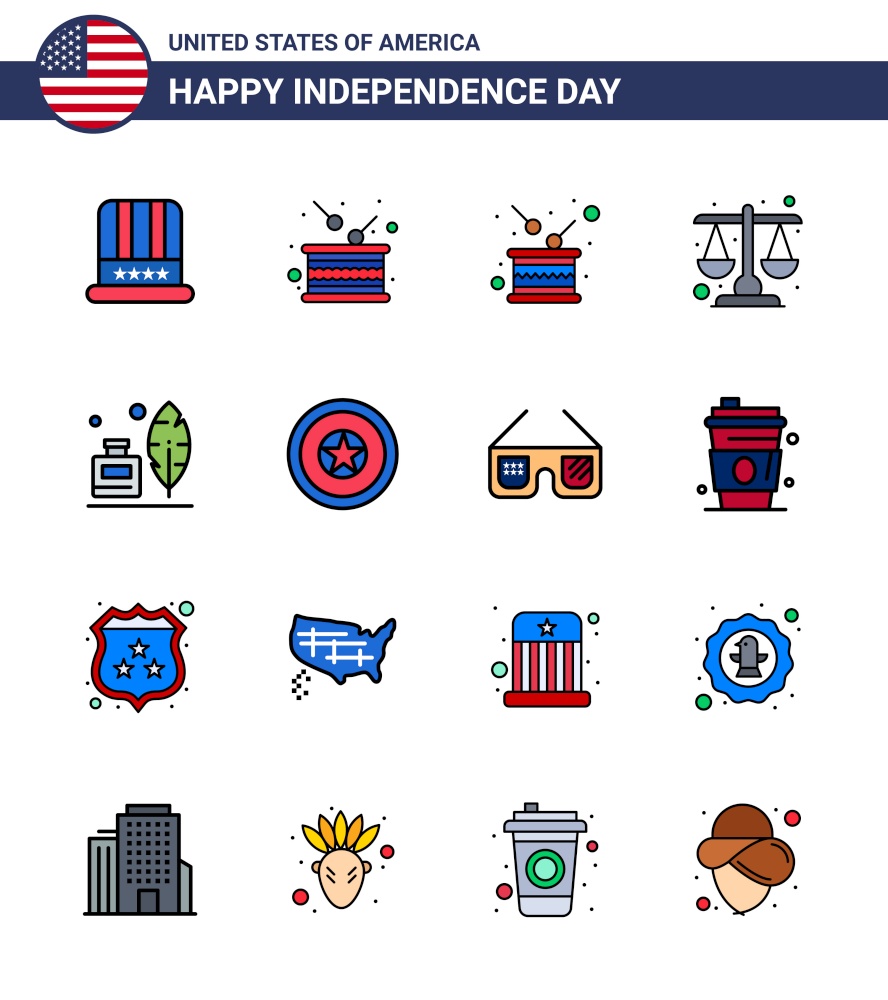 Set of 16 USA Day Icons American Symbols Independence Day Signs for holiday; ink bottle; independence; feather; scale Editable USA Day Vector Design Elements
