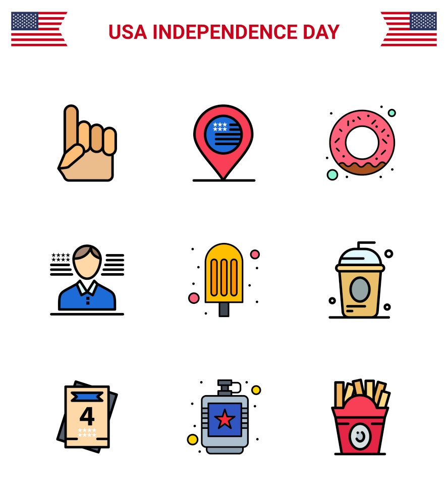 Big Pack of 9 USA Happy Independence Day USA Vector Flat Filled Lines and Editable Symbols of cake; food; donut; cream; american Editable USA Day Vector Design Elements