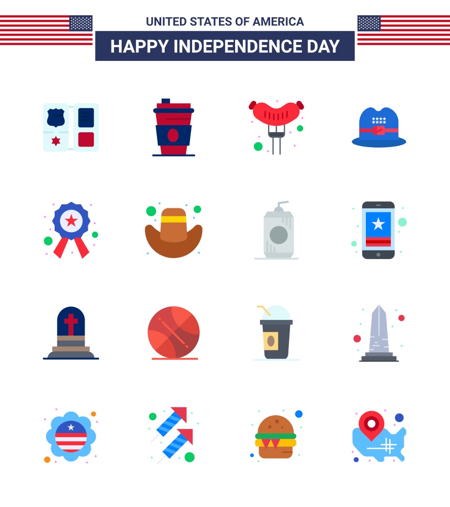 Set of 16 USA Day Icons American Symbols Independence Day Signs for sign; police; food; badge; cap Editable USA Day Vector Design Elements