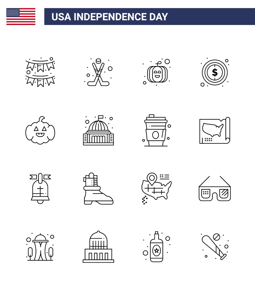 Modern Set of 16 Lines and symbols on USA Independence Day such as american; sign; sport; dollar; usa Editable USA Day Vector Design Elements