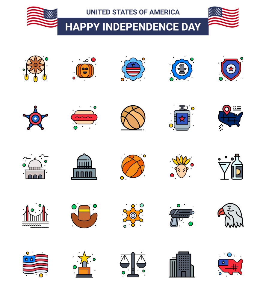 Happy Independence Day USA Pack of 25 Creative Flat Filled Lines of police; badge; flag; eagle; bird Editable USA Day Vector Design Elements