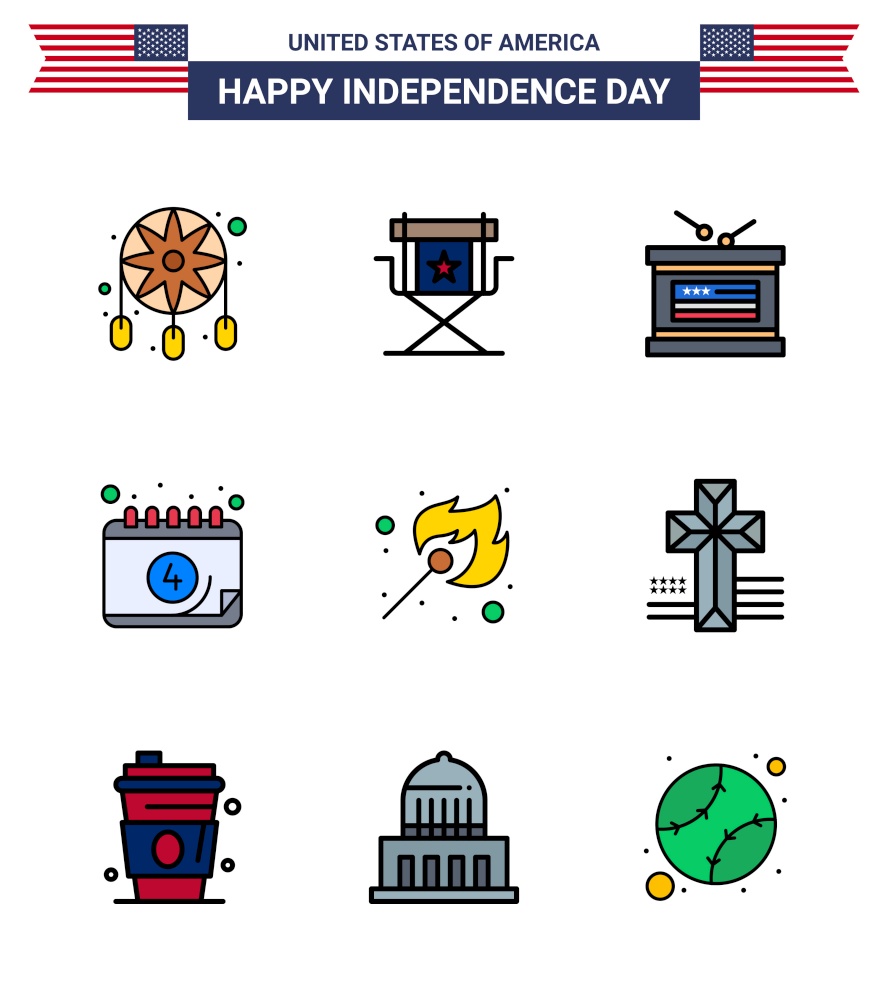 Modern Set of 9 Flat Filled Lines and symbols on USA Independence Day such as camping; date; television; calendar; independence day Editable USA Day Vector Design Elements