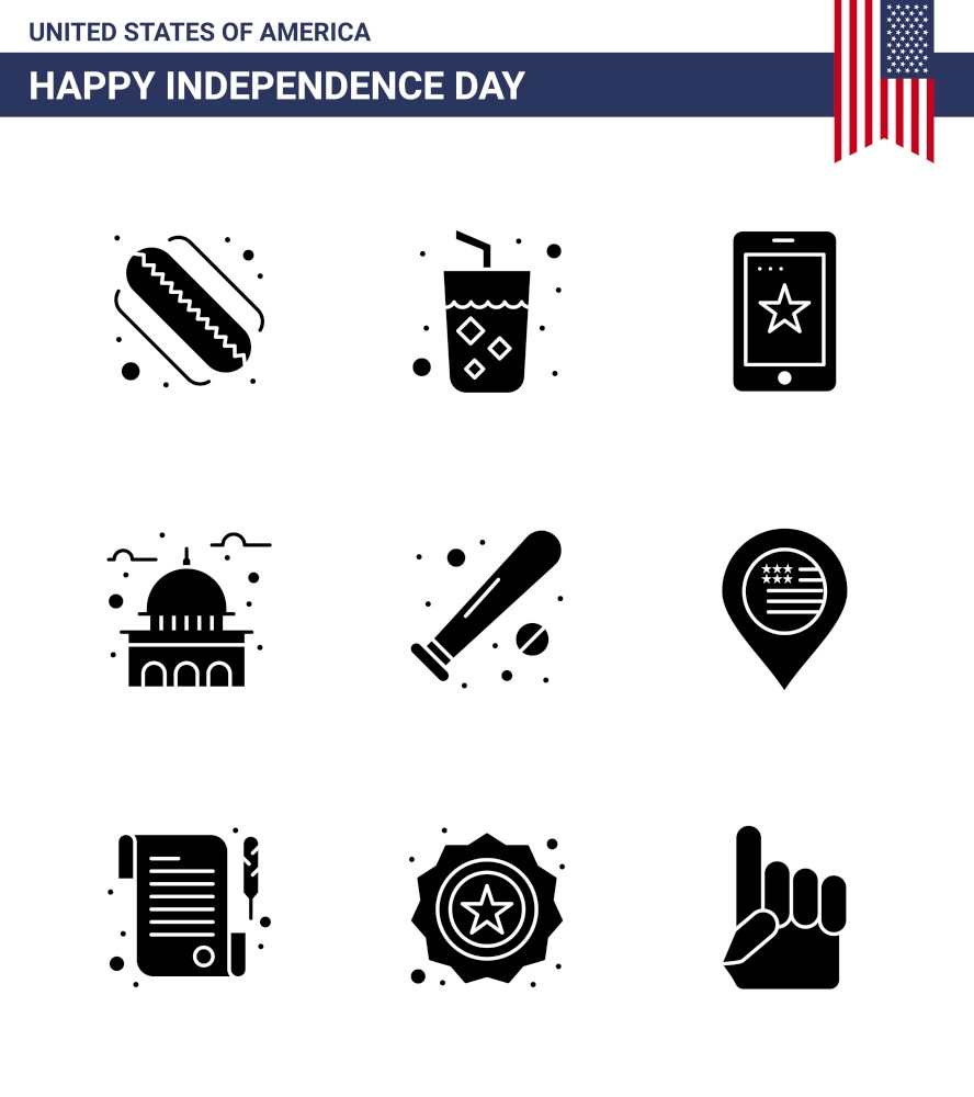 9 USA Solid Glyph Signs Independence Day Celebration Symbols of baseball; white; phone; usa; house Editable USA Day Vector Design Elements