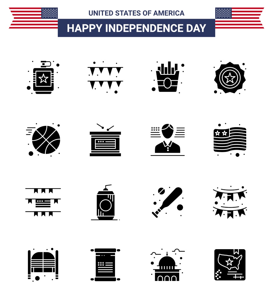 4th July USA Happy Independence Day Icon Symbols Group of 16 Modern Solid Glyphs of sports; basketball; fast; flag; security Editable USA Day Vector Design Elements