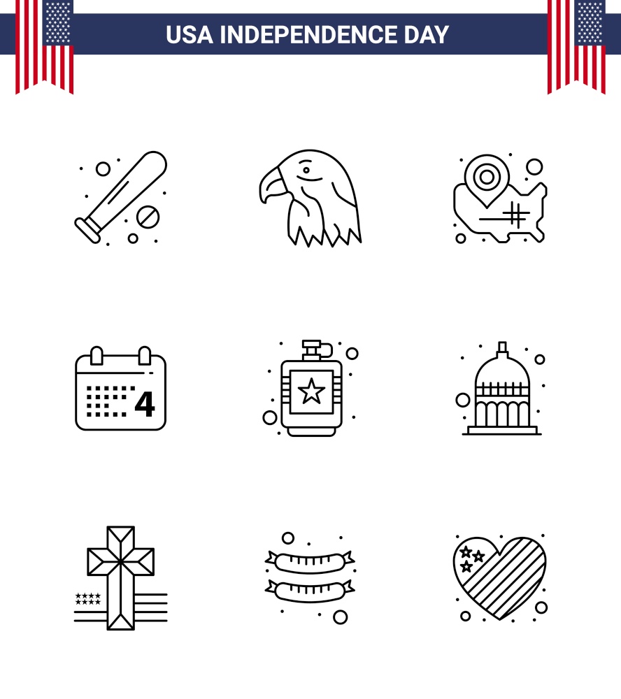 Line Pack of 9 USA Independence Day Symbols of american; day; usa; calender; wisconsin Editable USA Day Vector Design Elements