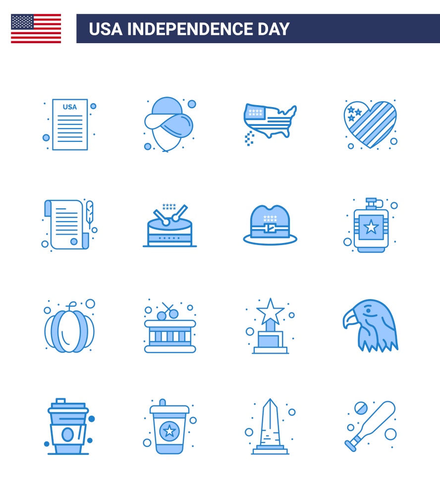 Set of 16 USA Day Icons American Symbols Independence Day Signs for drum; receipt; thanksgiving; paper; heart Editable USA Day Vector Design Elements