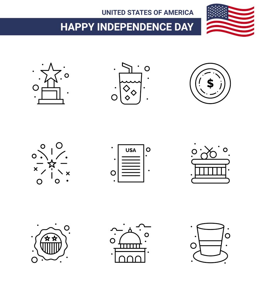 Line Pack of 9 USA Independence Day Symbols of drum; declaration of independence; dollar; declaration; american Editable USA Day Vector Design Elements