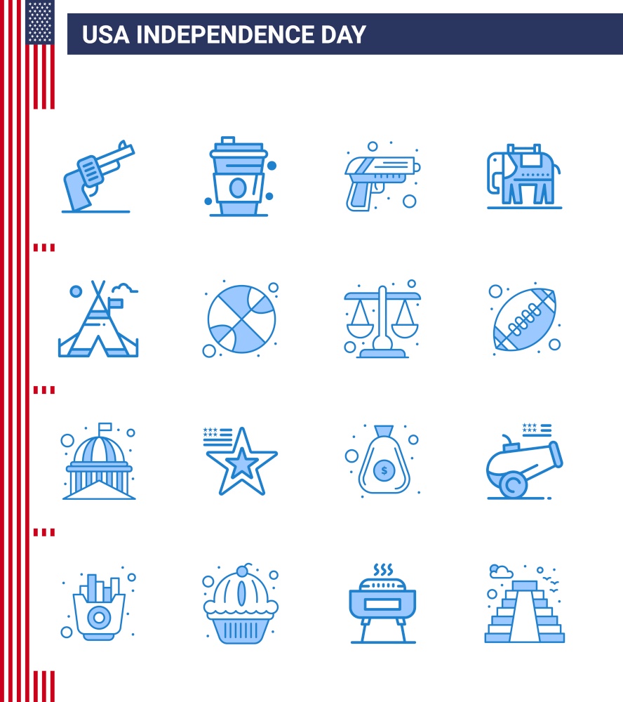 Stock Vector Icon Pack of American Day 16 Line Signs and Symbols for camp; tent free; gun; usa; elephent Editable USA Day Vector Design Elements