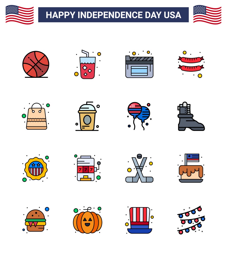 Group of 16 Flat Filled Lines Set for Independence day of United States of America such as shop; money; cinema; bag; frankfurter Editable USA Day Vector Design Elements