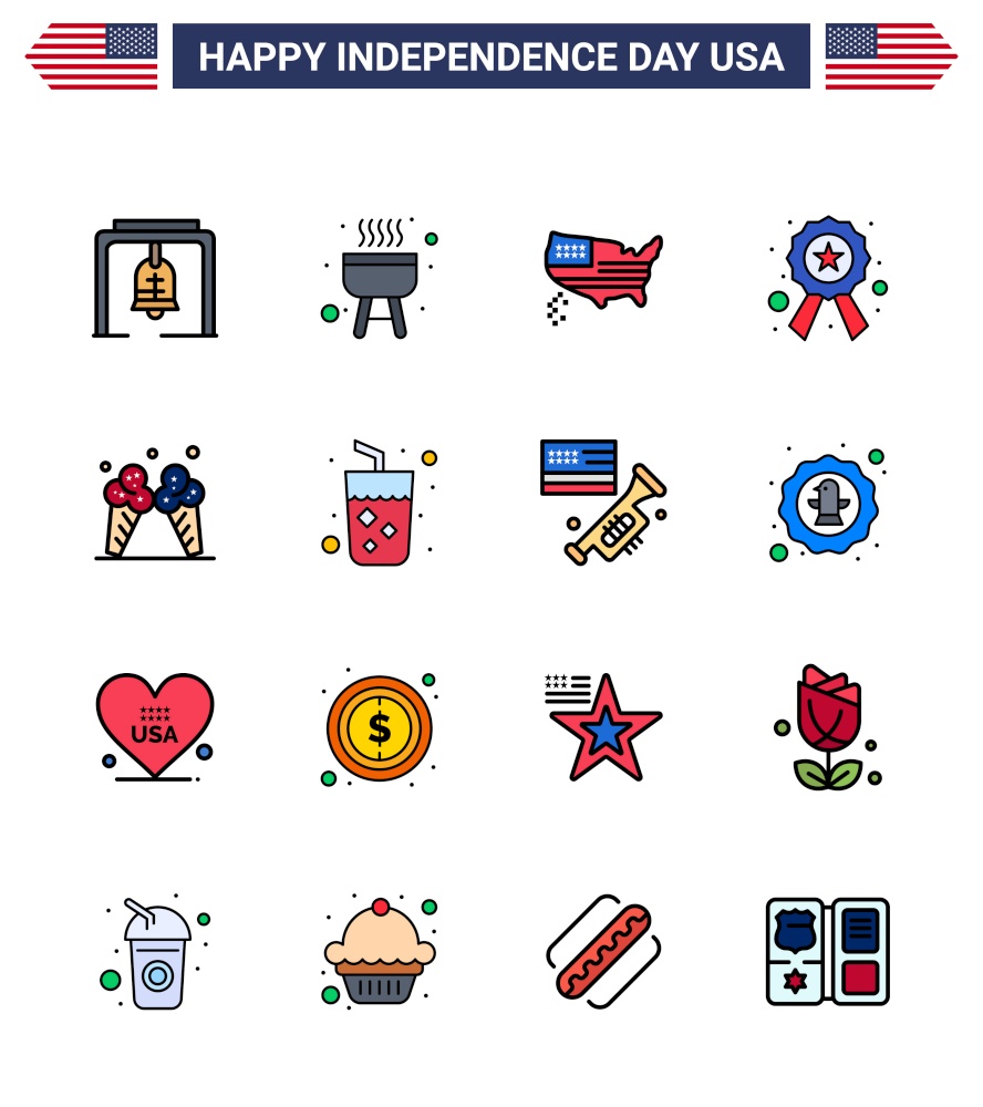 16 USA Flat Filled Line Signs Independence Day Celebration Symbols of cream; icecream; map; sign; police Editable USA Day Vector Design Elements