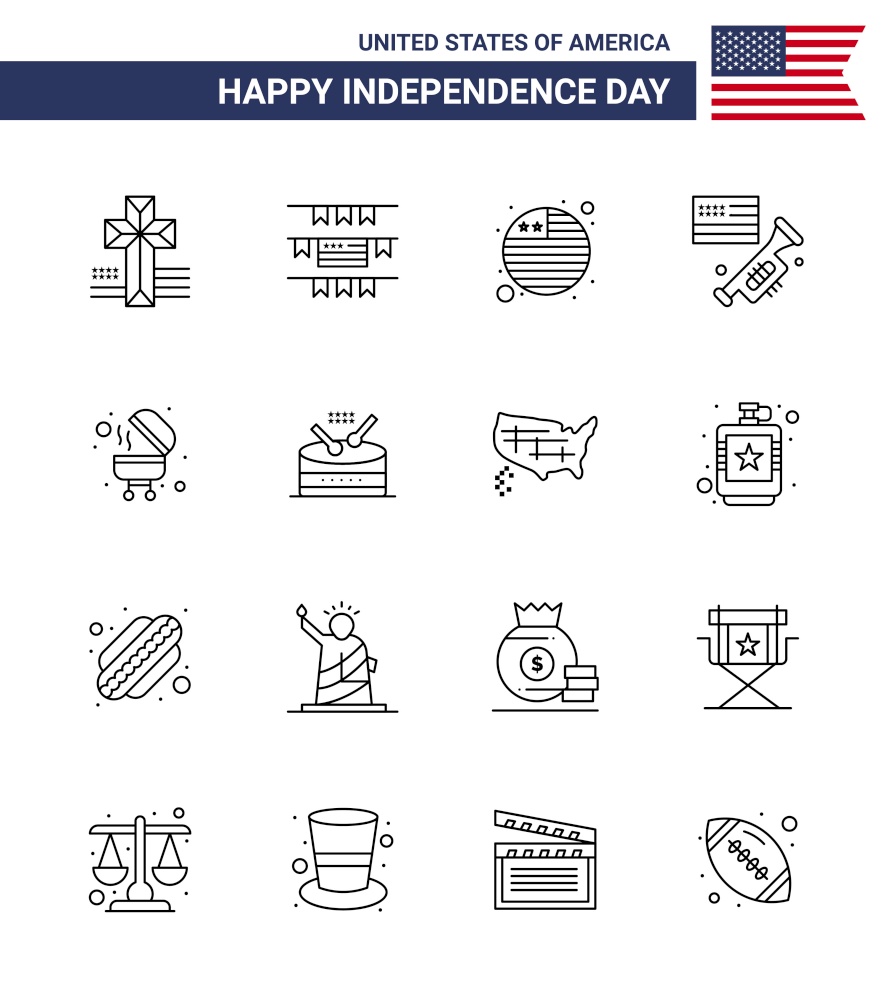 Pack of 16 USA Independence Day Celebration Lines Signs and 4th July Symbols such as instrument; grill; international flag; bbq; american Editable USA Day Vector Design Elements