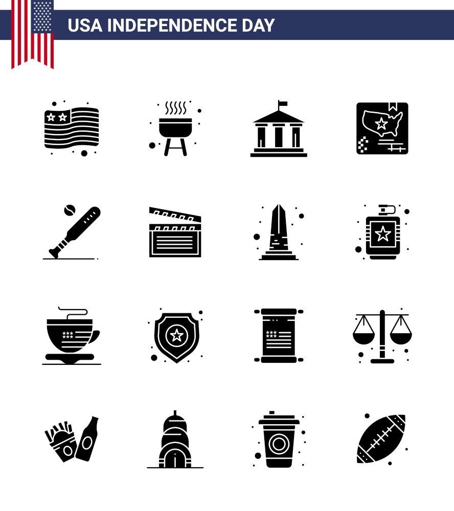 16 Solid Glyph Signs for USA Independence Day sports; baseball; american; ball; map Editable USA Day Vector Design Elements