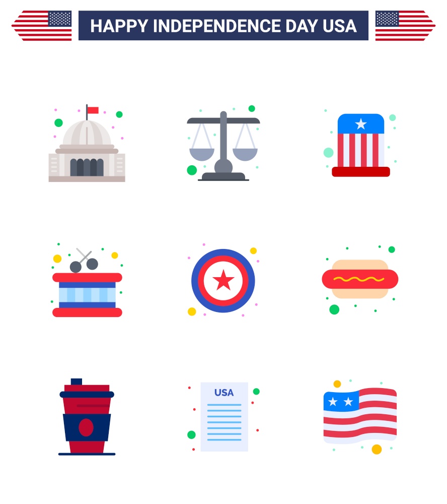 Flat Pack of 9 USA Independence Day Symbols of star; sticks; scale; instrument; hat Editable USA Day Vector Design Elements