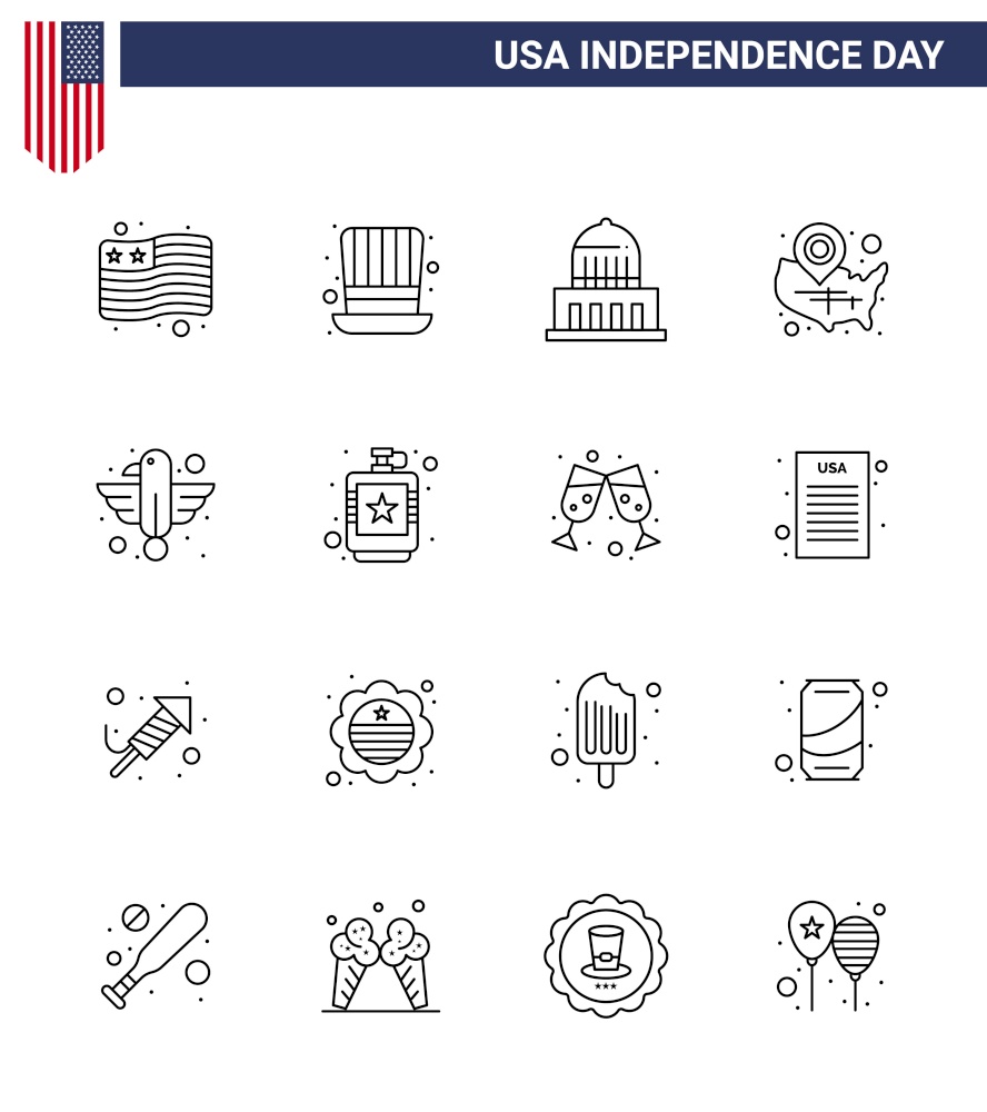 16 USA Line Pack of Independence Day Signs and Symbols of animal; location pin; city; wisconsin; states Editable USA Day Vector Design Elements