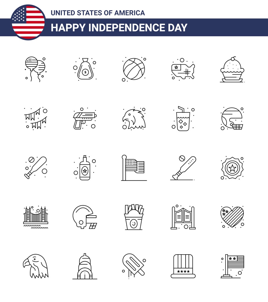 Happy Independence Day 25 Lines Icon Pack for Web and Print dessert; usa; american; united; map Editable USA Day Vector Design Elements