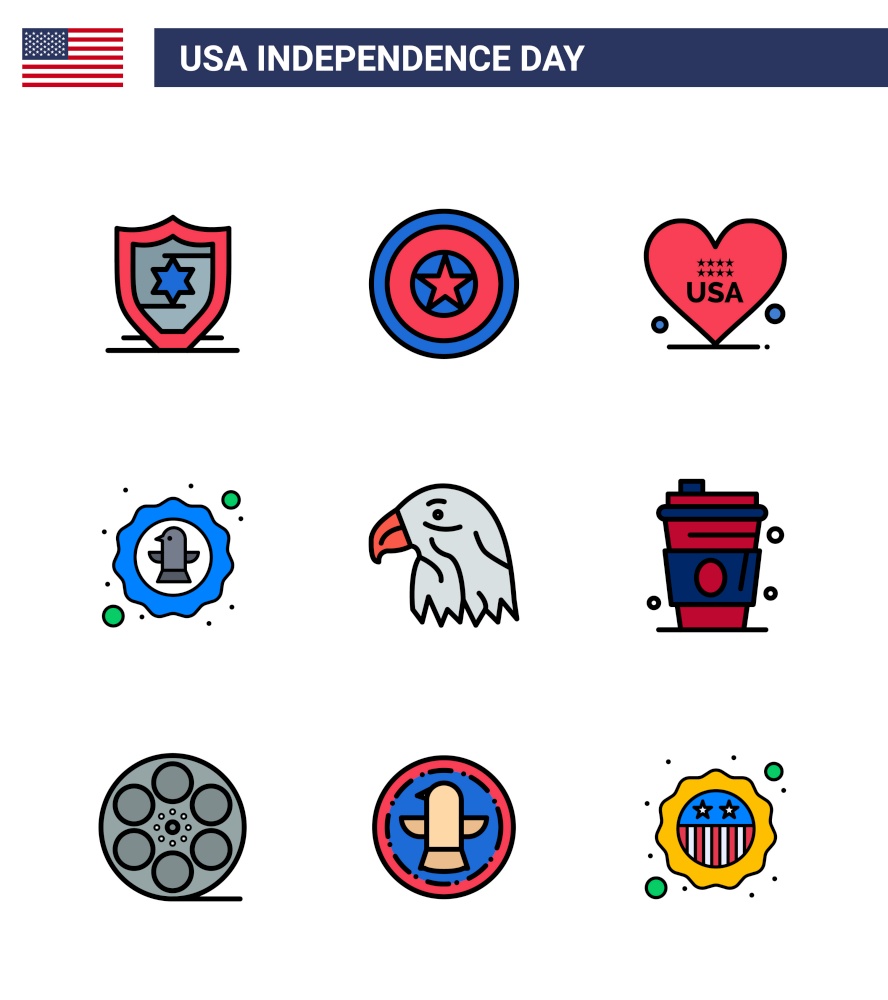 Pack of 9 USA Independence Day Celebration Flat Filled Lines Signs and 4th July Symbols such as bird; badge; love; eagle; bird Editable USA Day Vector Design Elements