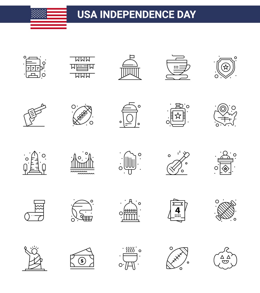 Happy Independence Day USA Pack of 25 Creative Lines of star; shield; flag; coffee; tea Editable USA Day Vector Design Elements