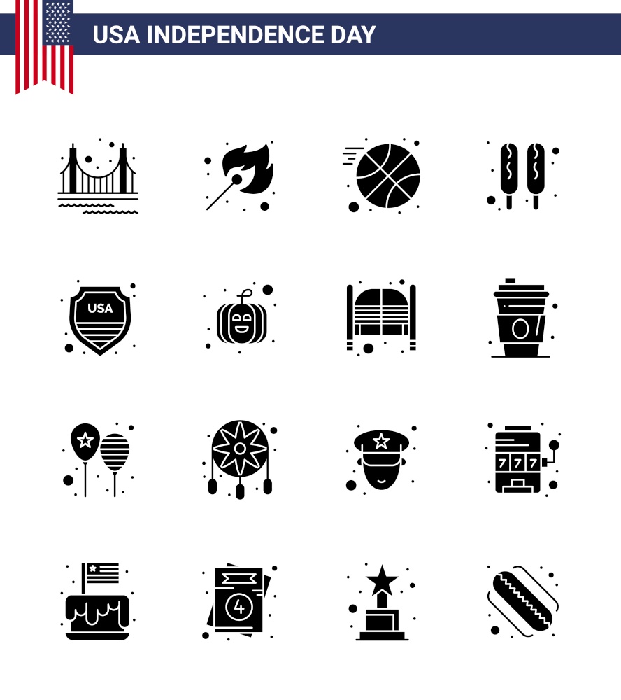 Editable Vector Solid Glyph Pack of USA Day 16 Simple Solid Glyphs of sign; security; outdoor; food; corn dog Editable USA Day Vector Design Elements