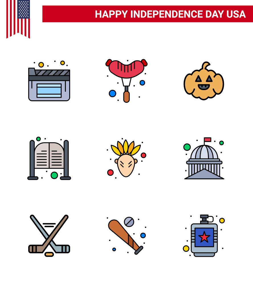 USA Happy Independence DayPictogram Set of 9 Simple Flat Filled Lines of building; native american; usa; american; day Editable USA Day Vector Design Elements