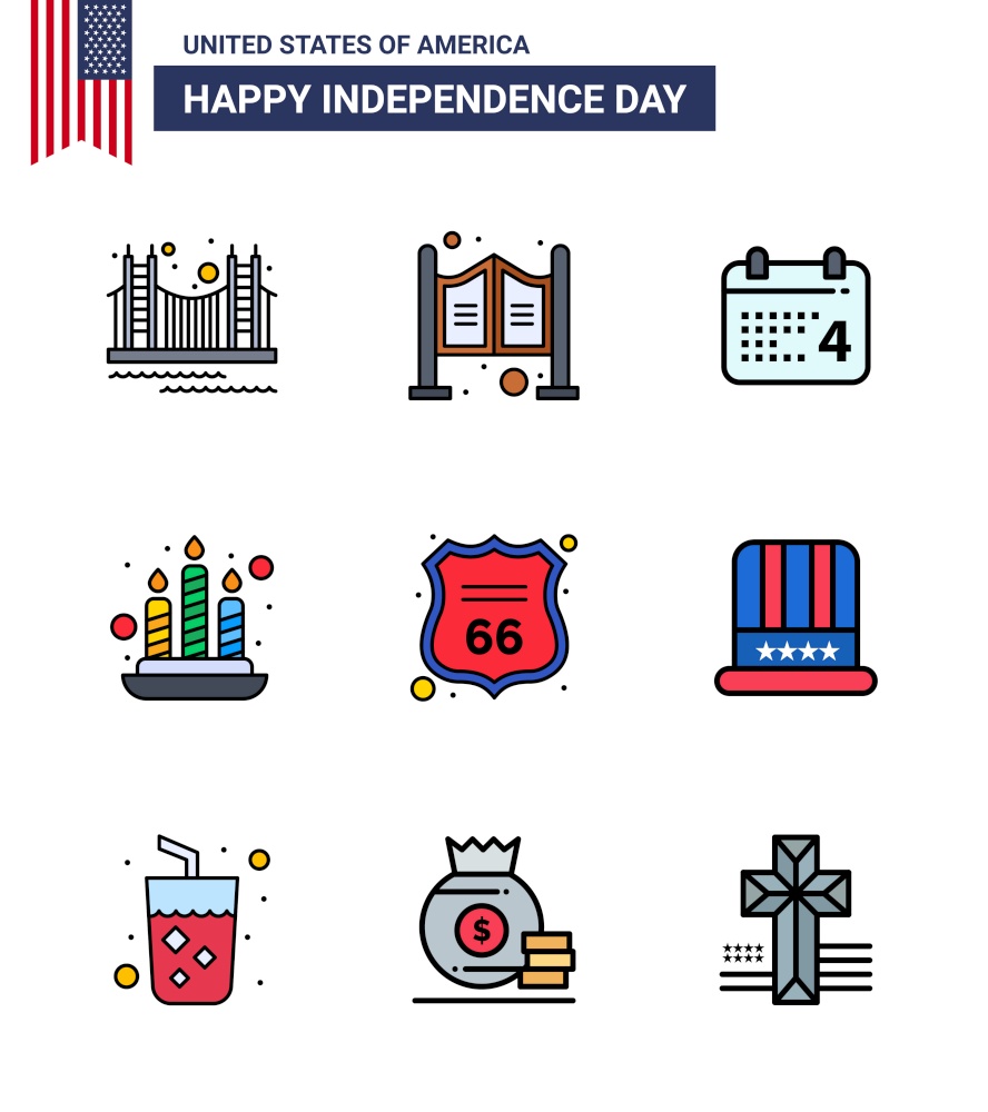 9 USA Flat Filled Line Signs Independence Day Celebration Symbols of security; fire; saloon; candle; date Editable USA Day Vector Design Elements