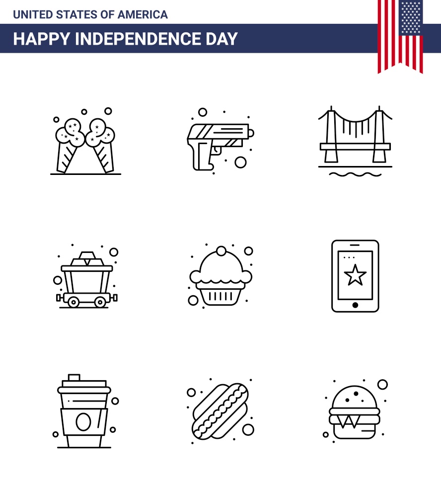Happy Independence Day 4th July Set of 9 Lines American Pictograph of muffin; cake; bridge; rail; cart Editable USA Day Vector Design Elements