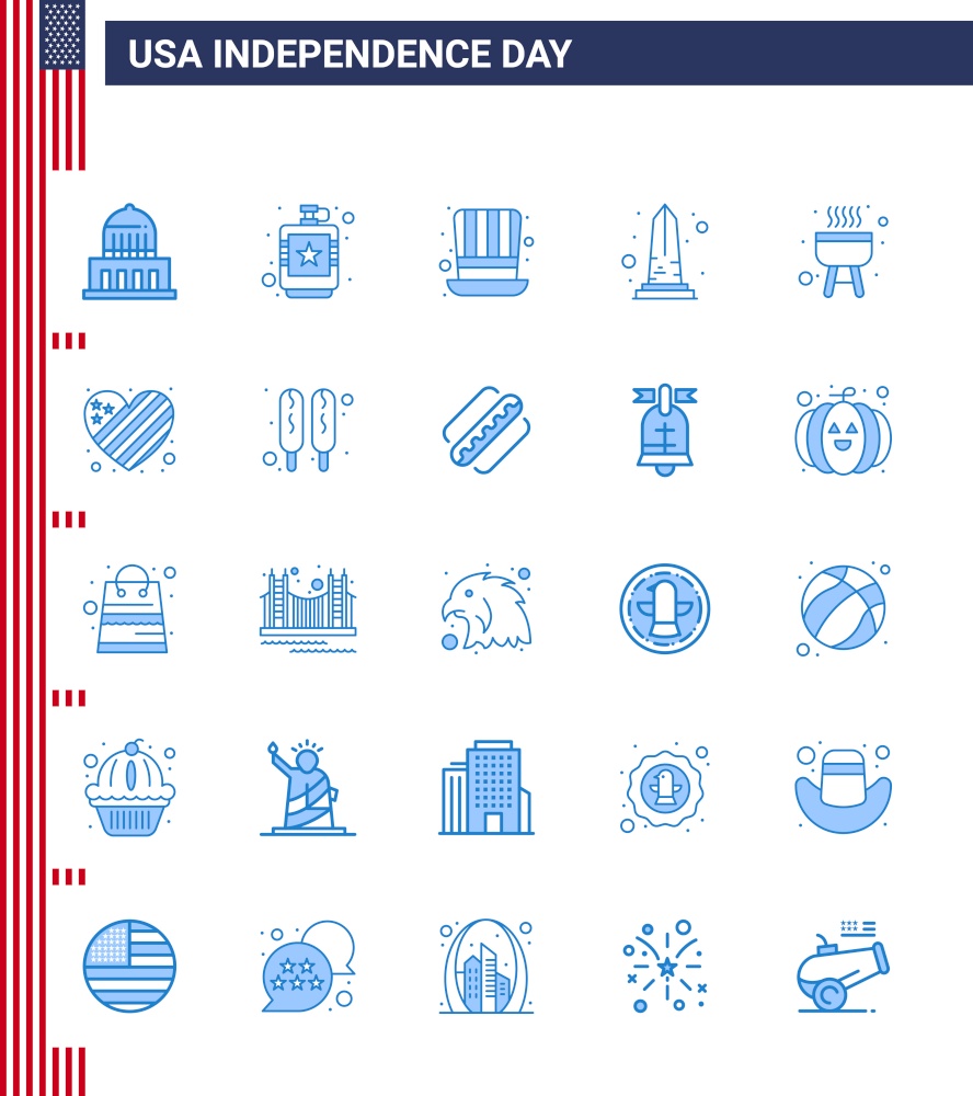 Happy Independence Day Pack of 25 Blues Signs and Symbols for washington; sight; liquid; monument; usa Editable USA Day Vector Design Elements