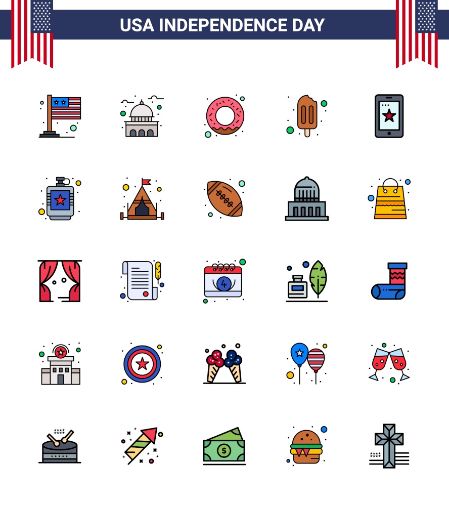 Happy Independence Day 4th July Set of 25 Flat Filled Lines American Pictograph of cell; mobile; white; cream; ice cream Editable USA Day Vector Design Elements
