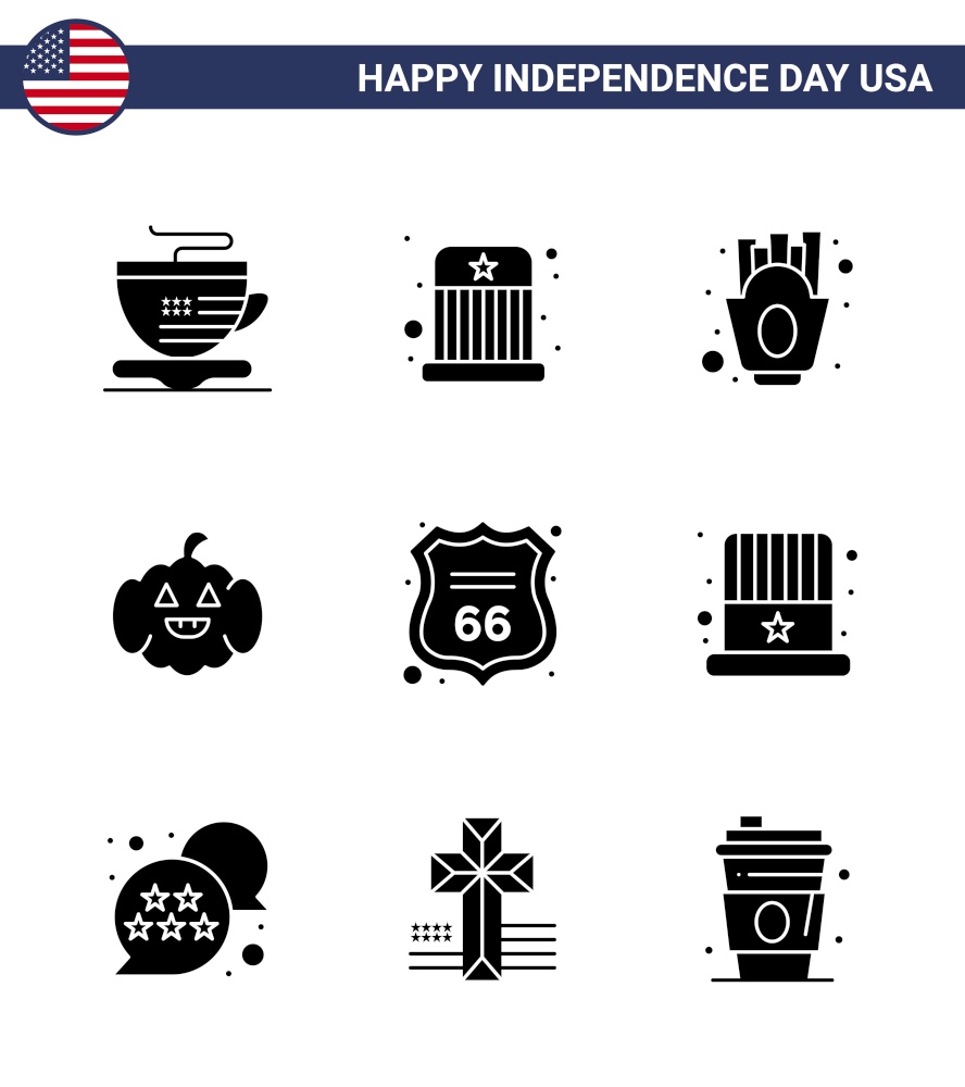 Solid Glyph Pack of 9 USA Independence Day Symbols of american; shield; french fries; security; american Editable USA Day Vector Design Elements