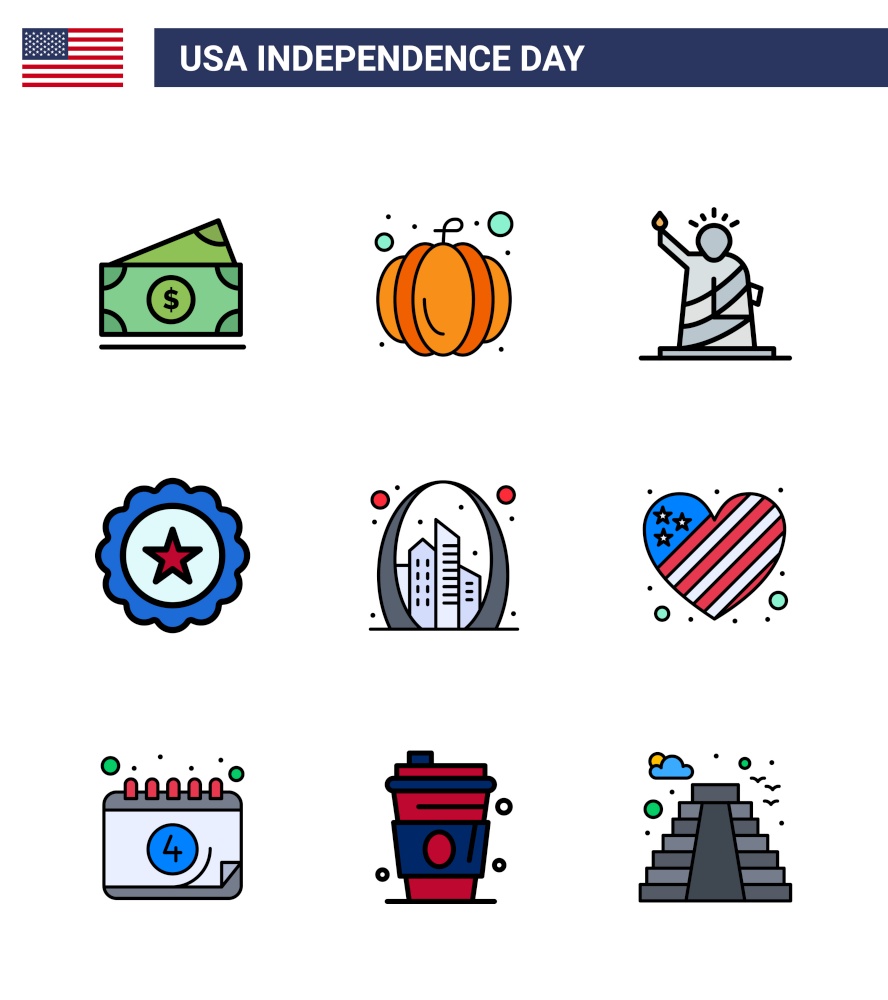 Group of 9 Flat Filled Lines Set for Independence day of United States of America such as building; usa; liberty; sign; glass Editable USA Day Vector Design Elements