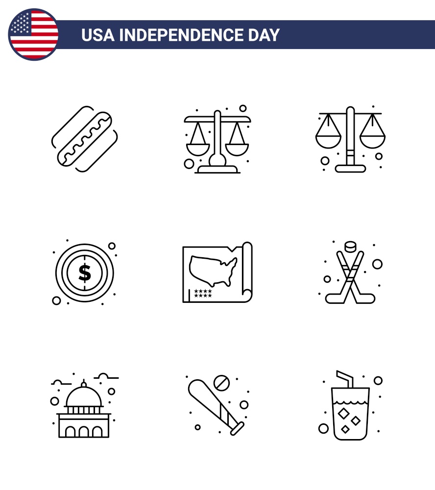 9 Line Signs for USA Independence Day hokey; usa; usa; united; map Editable USA Day Vector Design Elements