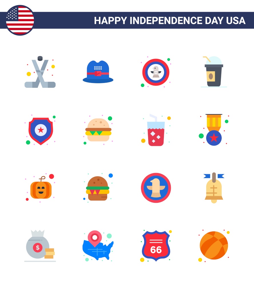 USA Independence Day Flat Set of 16 USA Pictograms of shield; limonade; american; american; badge Editable USA Day Vector Design Elements