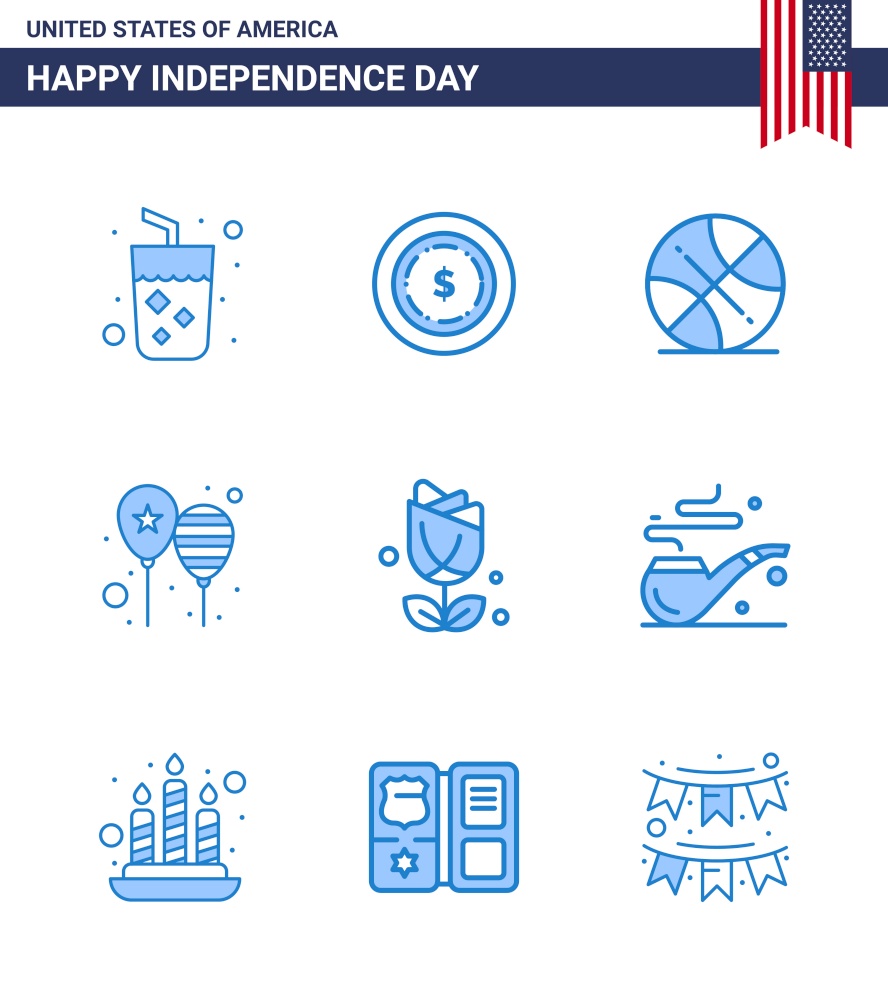 Editable Vector Line Pack of USA Day 9 Simple Blues of imerican; america flag; ball; party; celebrate Editable USA Day Vector Design Elements
