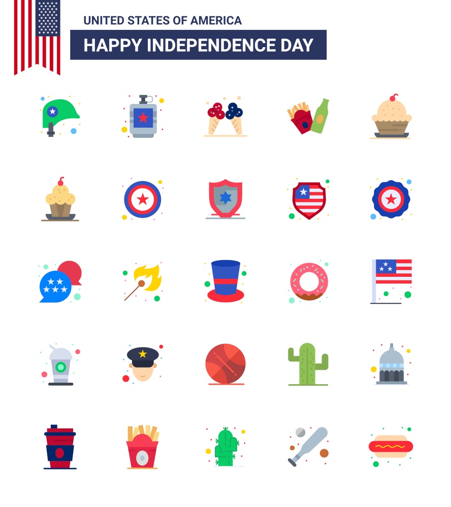 Set of 25 Modern Flats pack on USA Independence Day dessert; american; liquid; frise; american Editable USA Day Vector Design Elements